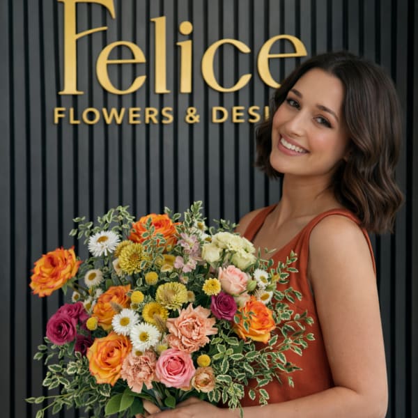 Woman holding a colorful mixed bouquet in front of a flower shop sign