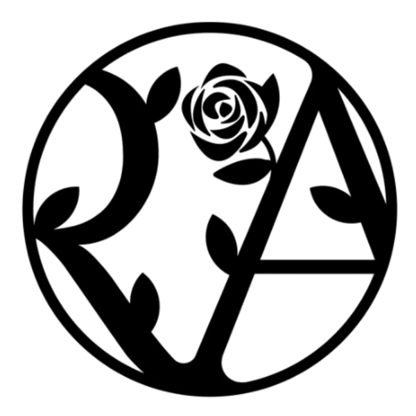 Black floral monogram logo inside a circle on a green background