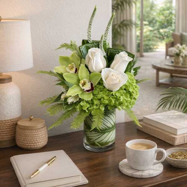 White roses and green orchids in a glass vase