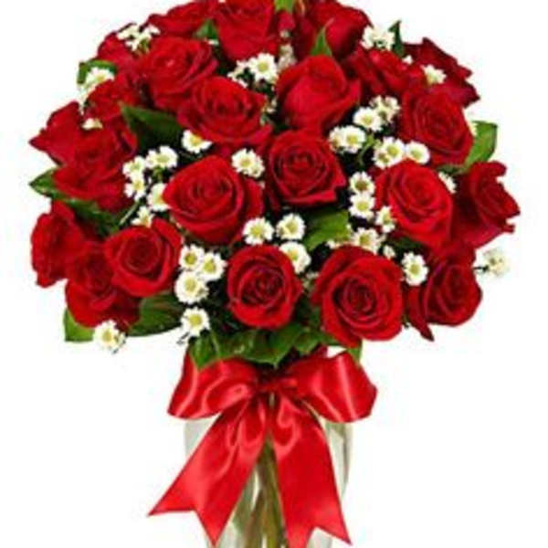 Bouquet of red roses with small white filler flowers in a glass vase