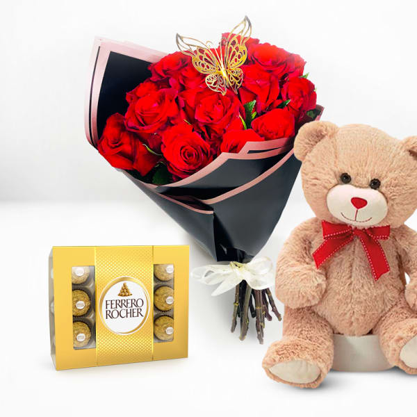 18 Red Roses, Teddy bear & chocolate