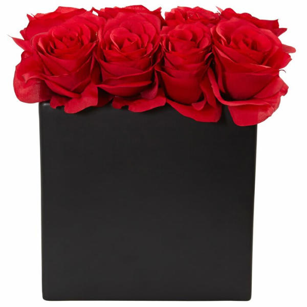 Red roses arranged in a black square box