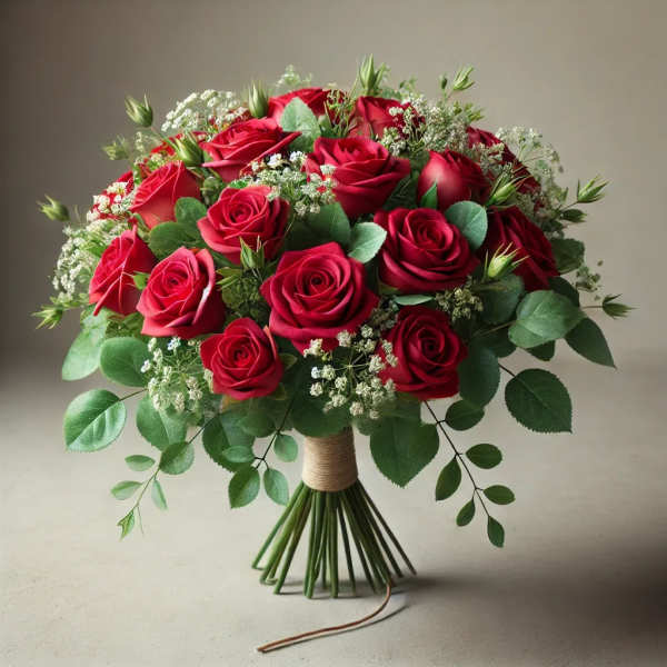 Bouquet of red roses with baby's breath and greenery