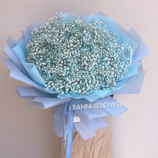 Large bouquet of blue and white baby's breath wrapped in blue paper