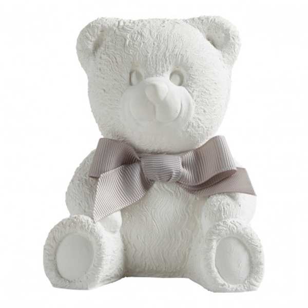 White teddy bear with a gray ribbon bow