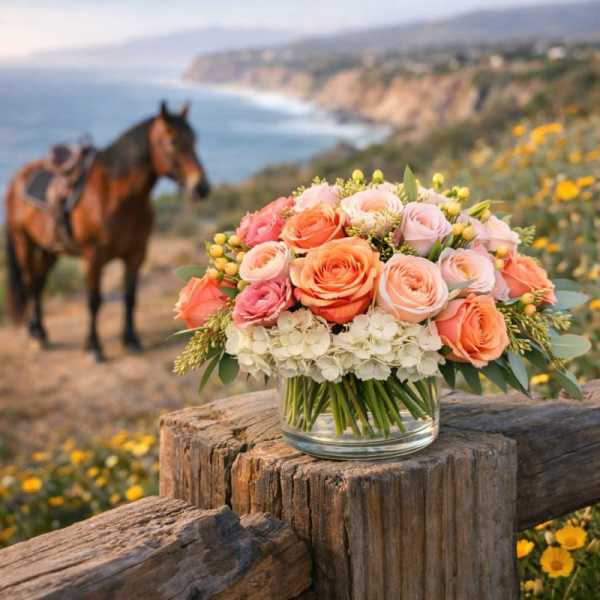 Peach and pink roses in a clear glass vase on a wooden post