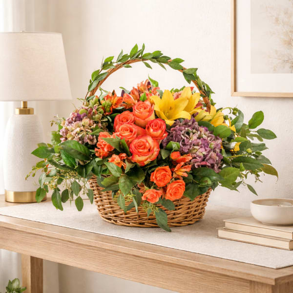 Basket of orange roses, yellow lilies, and purple hydrangeas