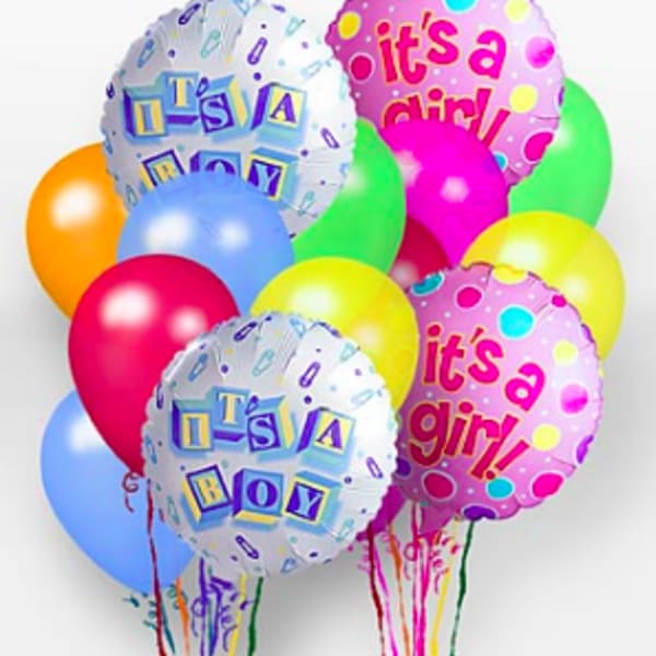 Cluster of colorful balloons with "it's a boy" and "it's a girl" messages