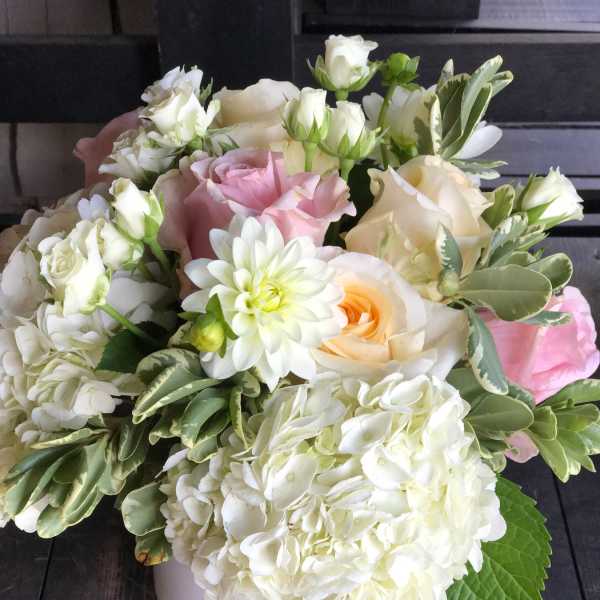 Bouquet of white and blush roses with white hydrangeas in a white vase