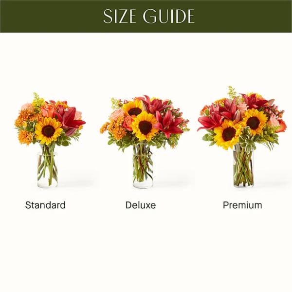 Three sunflower bouquets in clear glass vases labeled standard, deluxe, and premium