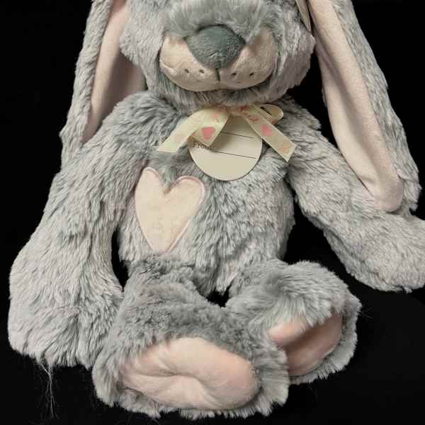 Gray plush bunny with pink inner ears and heart accents