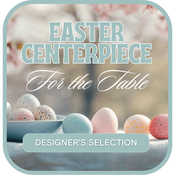 Easter centerpiece graphic with pastel speckled eggs and text