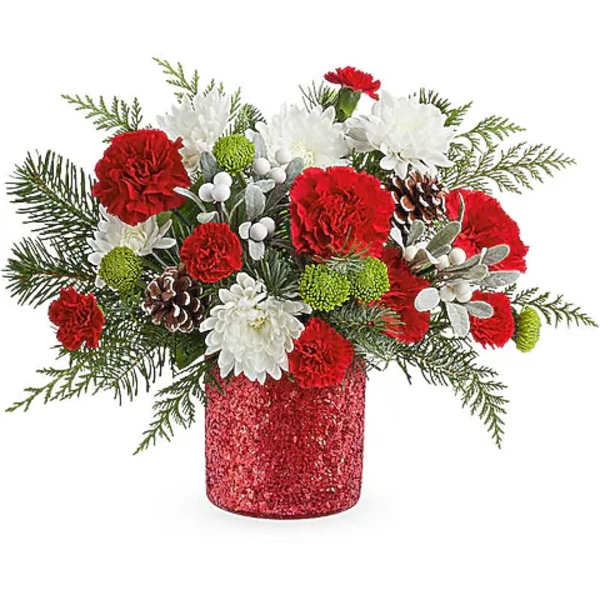 Red and white floral arrangement in a glittery red vase