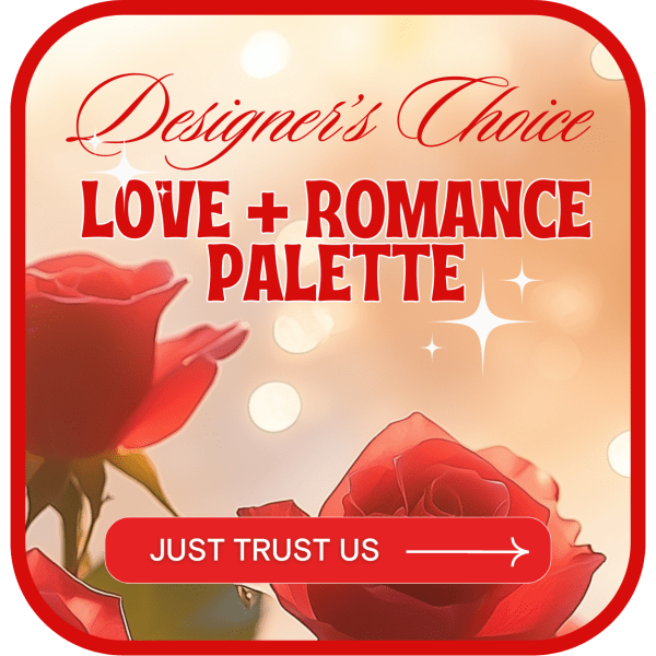 Graphic with red roses and the text "Love + Romance Palette"