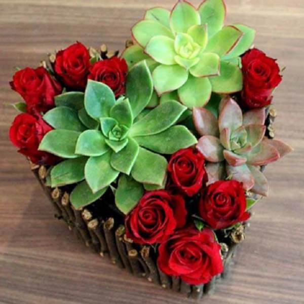 Heart-shaped arrangement of red roses and green succulents