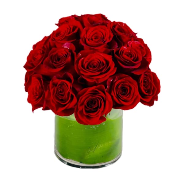 Red roses arranged in a clear glass vase with green filler