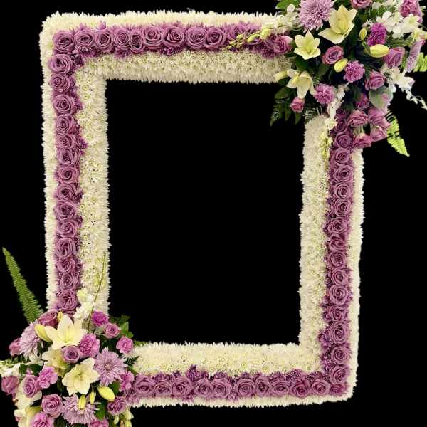 Square floral frame with purple roses and white flowers on a black background