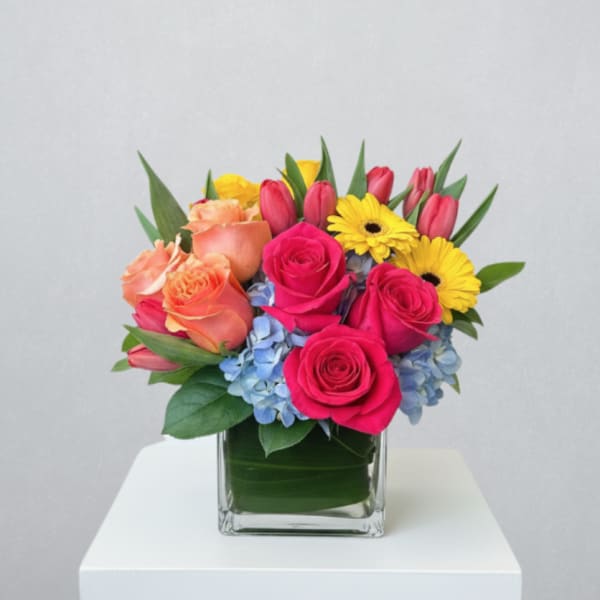 Bright mix of pink and peach roses, yellow daisies, tulips, and blue hydrangea in a clear glass cube vase
