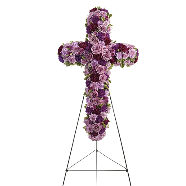 Purple and pink floral cross on a standing easel