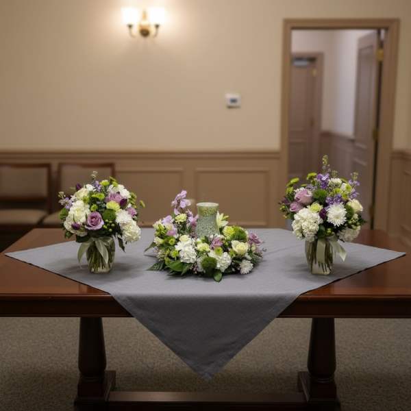 Three floral centerpieces on a table with a candle in the middle.