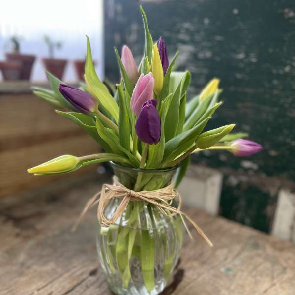 Mixed tulips in a clear glass vase tied with twine
