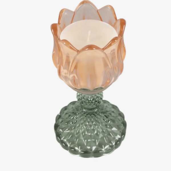 Peach Iridescent Tulip Pedestal Glass Candle- Peony Cloud Scented