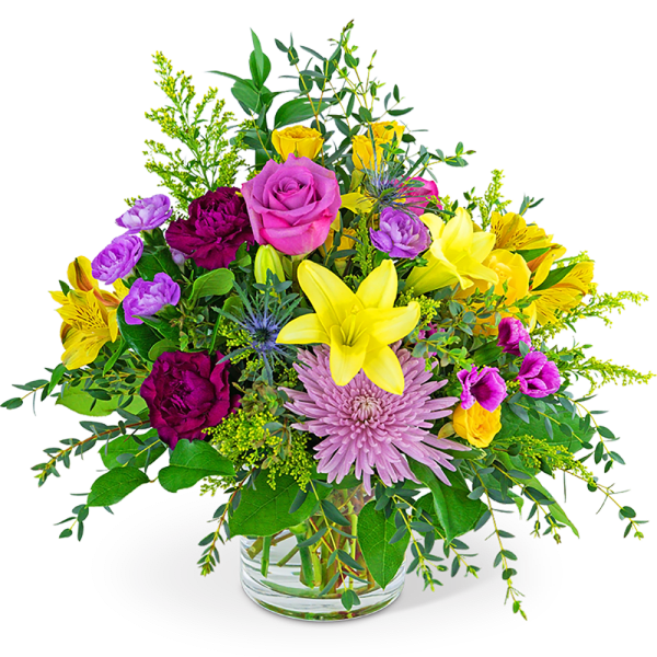 Colorful mixed bouquet in a clear glass vase