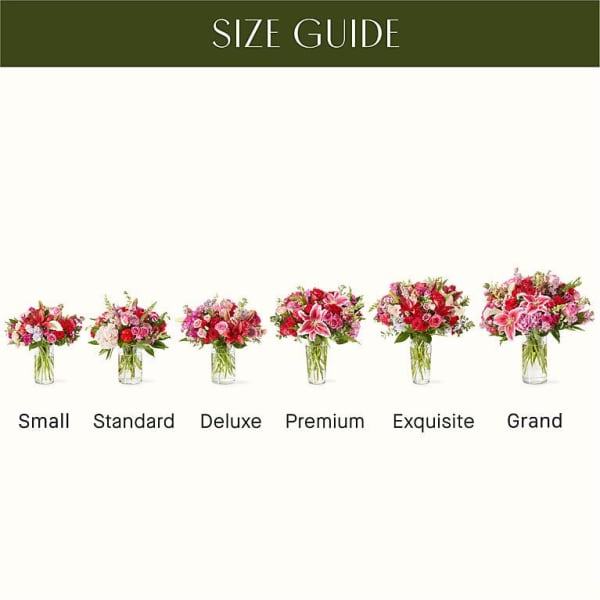 Size guide showing six pink floral arrangements in glass vases
