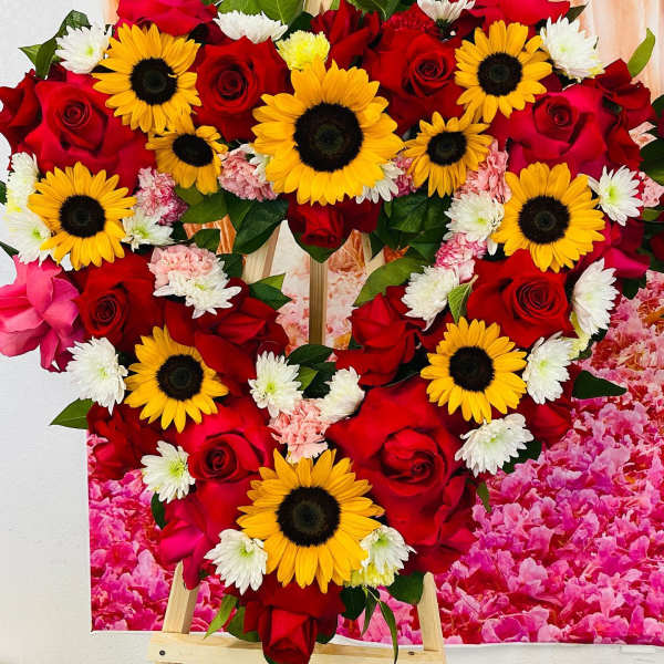 Funeral - Medium Heart With Sunflowers, Red Roses, Pink Roses