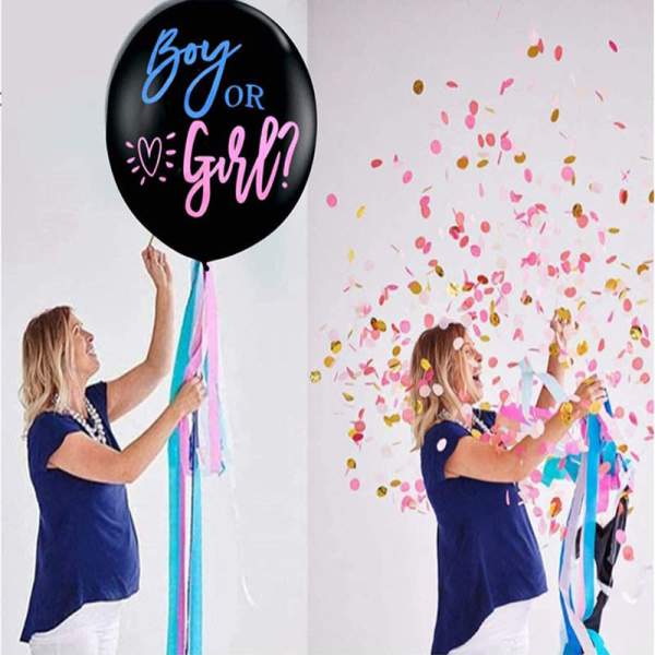 Woman holding a black balloon with "Boy or Girl?" text and confetti falling around her