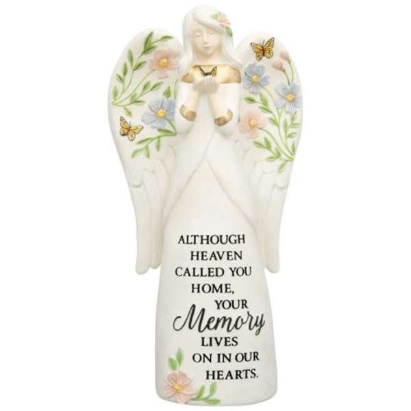 Angel figurine with floral accents and memorial text