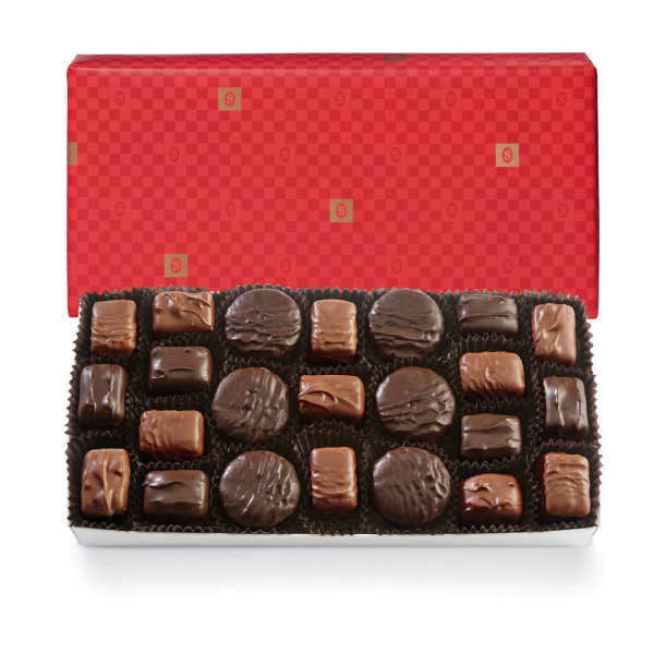 Box of assorted chocolates in a red gift box