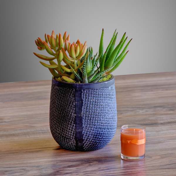 Succulent arrangement in a textured dark pot beside an orange candle