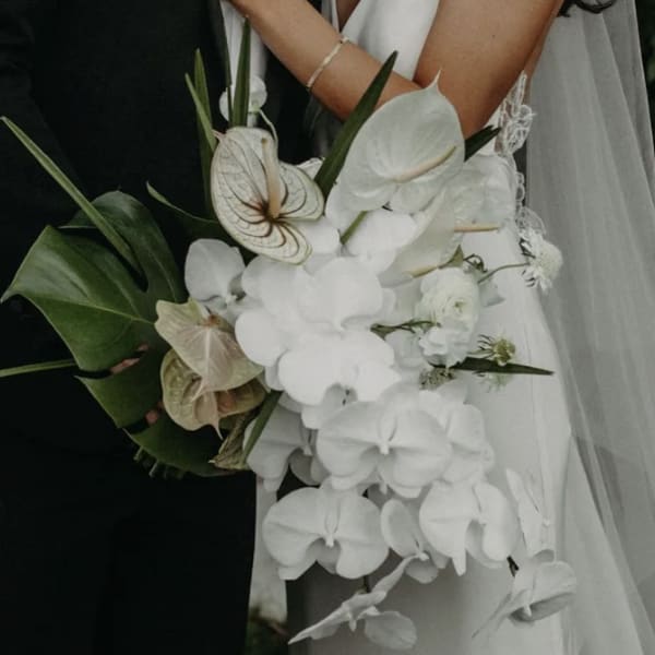 White bridal bouquet with orchids and anthuriums