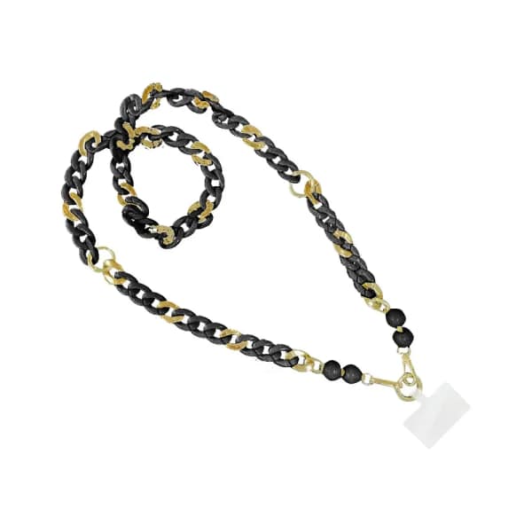 Black and gold chain necklace with a clasp tag