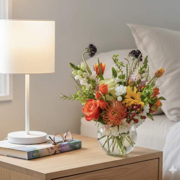 Mixed bouquet in a clear glass vase on a bedside table