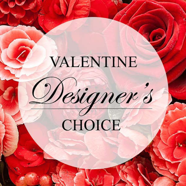 Red and pink roses with a "Valentine Designer's Choice" label