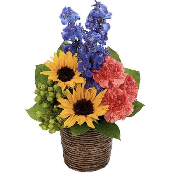 Arrangement of yellow sunflowers, blue delphinium, and pink carnations in a brown woven basket