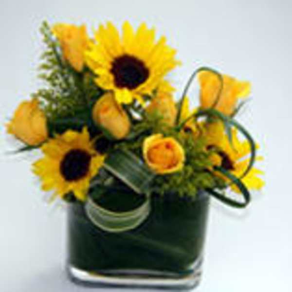 Sunflowers and yellow roses in a square glass vase