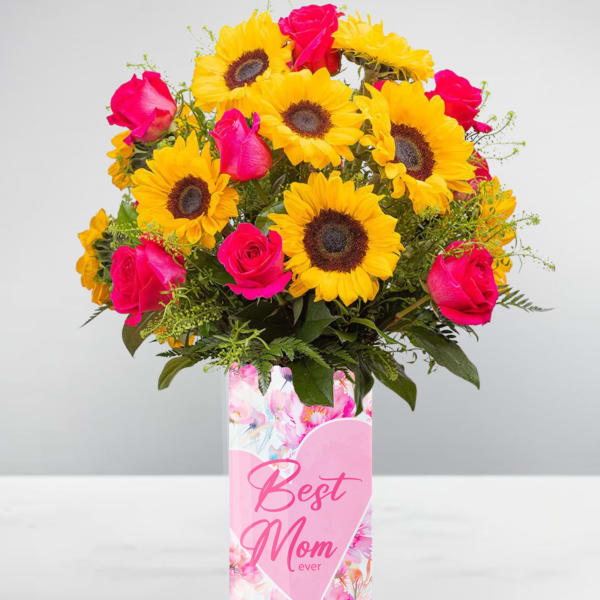Tall vase of yellow sunflowers and bright pink roses with a Best Mom ever message