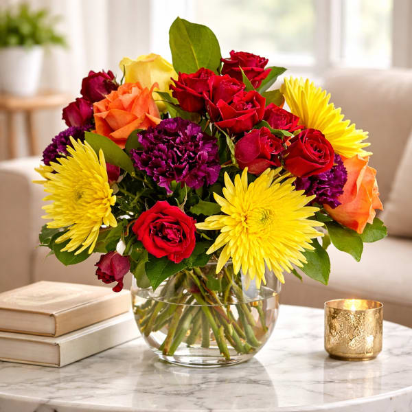 Mixed bouquet of red roses, purple carnations, and yellow mums in a round glass vase on a table