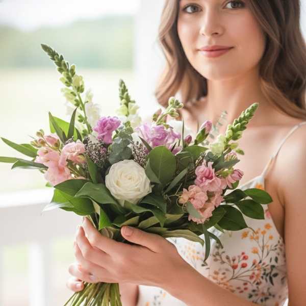 Woman holding a bouquet of pink and white flowers