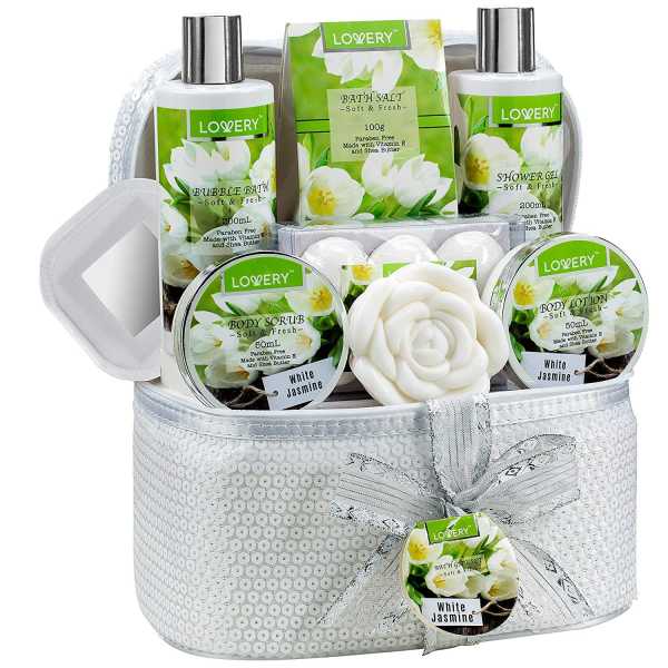 White jasmine bath and body gift set arranged in a white cosmetic bag with bow