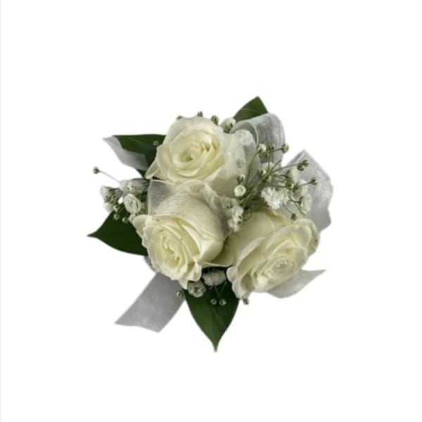 White rose bouquet with baby's breath and silver ribbon