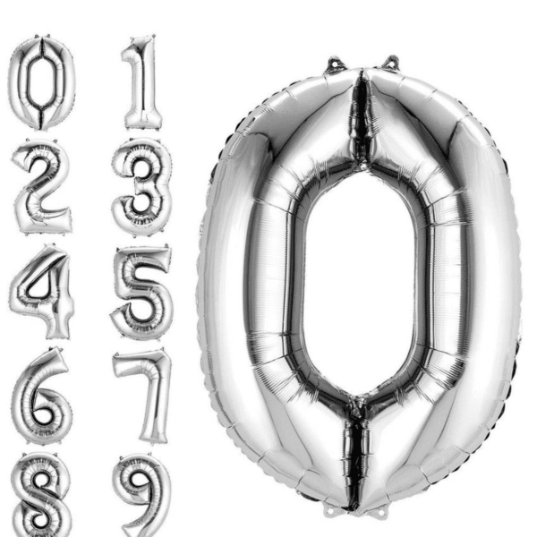 Silver number balloons from 0 to 9, with a large 0 balloon shown