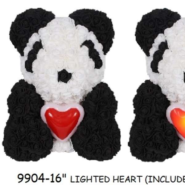 Black-and-white panda-shaped rose arrangement with a red heart and gift box