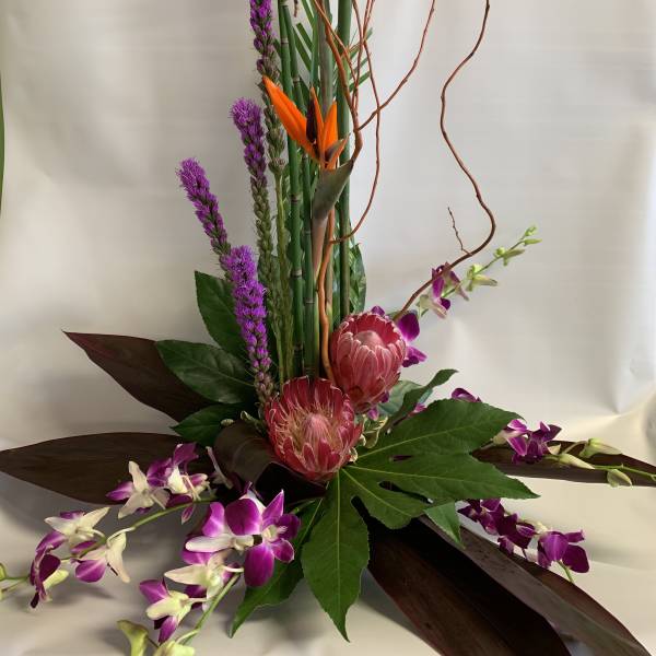 Tall tropical arrangement with orange bird of paradise and purple orchids