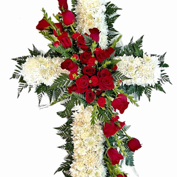 Cross-shaped floral spray with red roses and white chrysanthemums