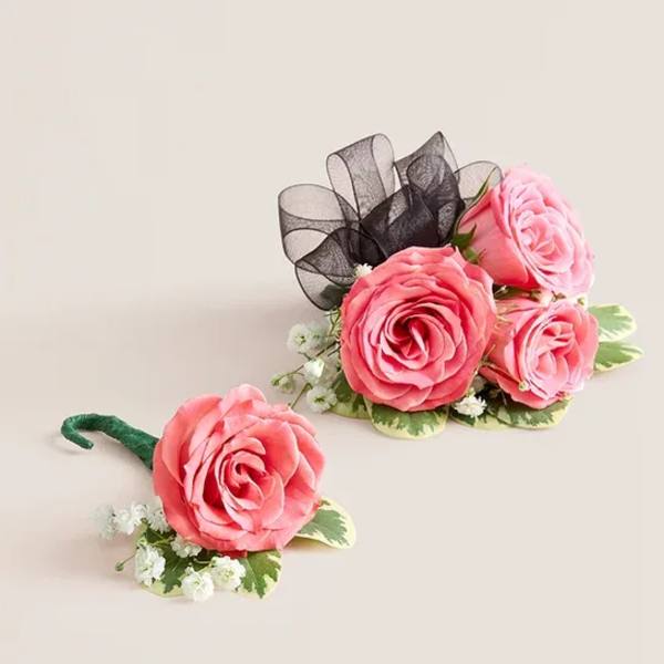 Pink Spray Rose Corsage and Boutonniere (Black)
