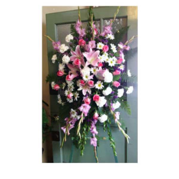 Tall standing floral spray with pink and white flowers